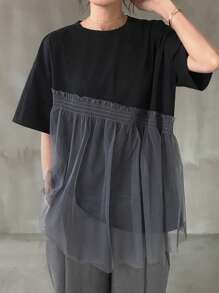 FRIFUL 女士休闲落肩宽松拼接网眼T恤，夏季