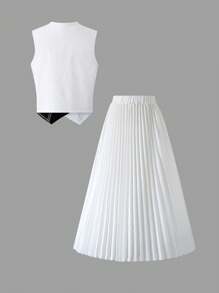SHEIN 2pcs Teen Girls Contrast Color Single-Breasted Vest And Pleated Skirt Casual Outfit - Black and White - View 6