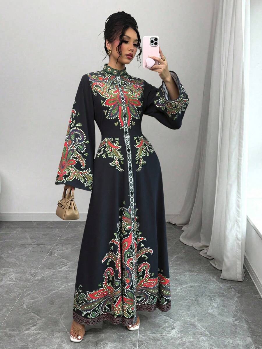 Chiquease 女士花卉印花优雅立领喇叭袖度假连衣裙