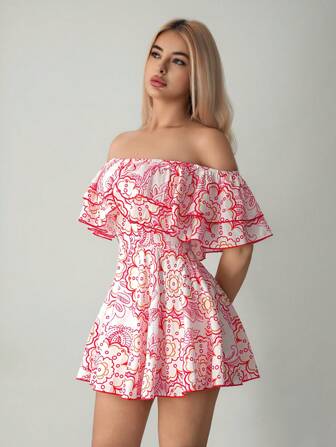 Sweetina 印花超大荷叶边露肩迷你连衣裙