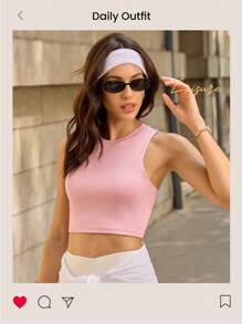 SHEIN Sovereign Charm Women Solid Color Hollow Back Casual Sports Cropped Tank Top - Pink - View 2