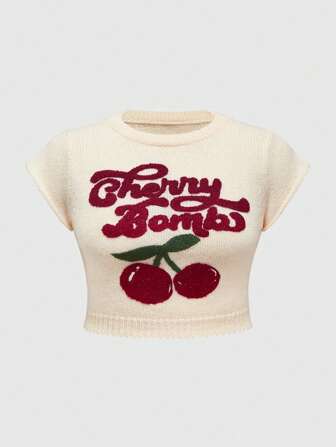 Plus Size Cherry 3D Plush Embroidery Pattern Knitted Short Sleeve Top