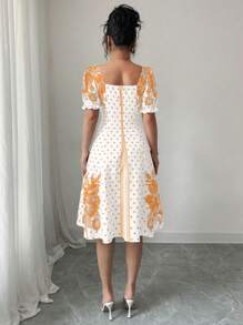 Elenzga Váy Maxi Chữ A In Họa Tiết Tay Phồng Đi Nghỉ Mát Cho Nữ - trái cam - Xem 2