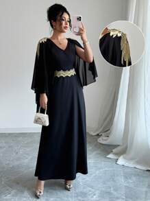 Chiquease Elegant Black & Gold V-Neck Poncho Dress For Women - Black - View 1