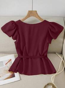 女式夏季优雅纯色盖袖荷叶边上衣 - 酒紅色 - 查看 2