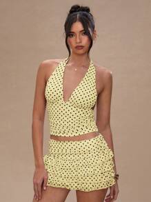 SHEIN BAE Women's Casual Vacation Style Polka Dot Print Backless Cropped Tank Top, Summer - Yellow - View 3