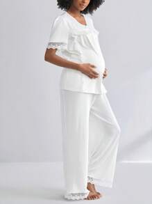 Moonlight&Mama Bộ đồ ngủ ngắn tay cho bà bầu, 2 món, có ren và cúc, đồ mặc nhà thời trang. - trắng - Xem 3