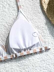 Conjunto de traje de baño de niña preadolescente con estampado de rayas y escote de halter