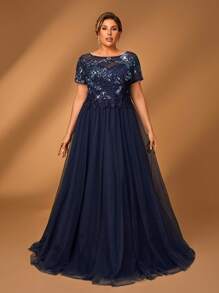 Serin Elegantes, romantisches und glamouröses Swing-Kleid in Große Größen mit Pailletten-Stickerei und Mesh-Einsätzen, geeignet für Hochzeitsveranstaltungen, Junggesellinnenabschiede, Dates, Urlaub, Tanzfestivals, Braut und Mutter, Abendkleid