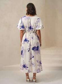 Chikora Plus Size Women's V-Neck White Summer Elegant Flowy Puff Sleeve Dress,Tea Party Cocktail Fairycore Modest Formal Gowns Evening Concert Outfits - Multicolor - View 3