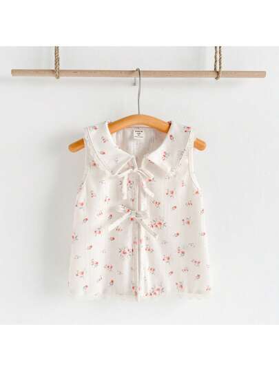 Loomiva 年轻女孩可爱碎花图案蝴蝶结装饰简约基本款百搭休闲上衣适合户外、居家、学校、度假、春夏季，白色