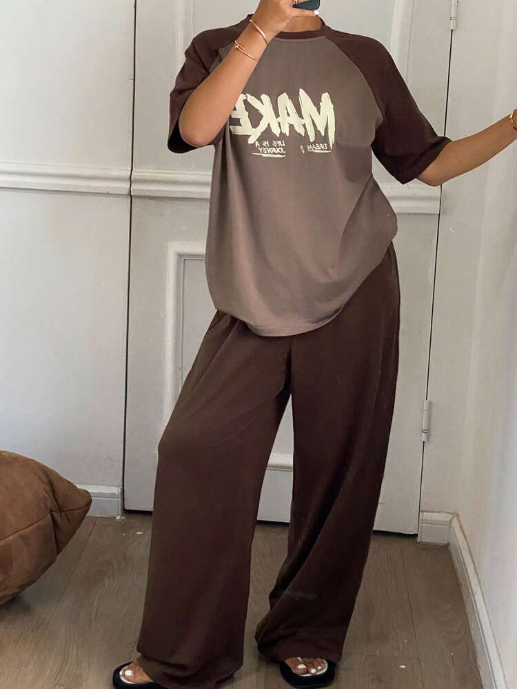 English Letter Print Loose Pajama Set With Short Sleeve Top And Long Pants, Summer Sleepwear For Women