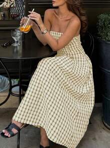 INAWLY Vestido estampado de cuadros sin tirantes para mujer - Caqui - Ver 3