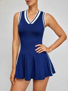 Activina Women Striped V-Neck Pleated Short Casual Sleeveless Sports Dress With Leggings For Daily Wear & Tennis Dressathletic Dress - Navy Blue - View 5