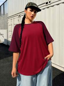 Muchica 大码夏季基本款休闲插肩袖短袖宽松T恤 - 紅色 - 查看 5