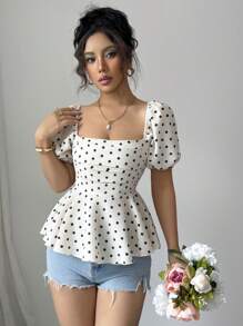 Rafferiza 女式夏季方领泡泡袖修身优雅波尔卡圆点上衣