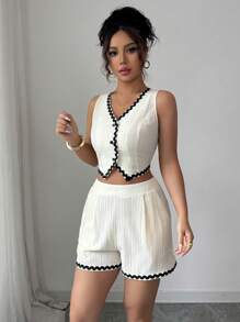 Chiquease Color Block Wavy Tape Casual & Office Lady Simple Style Ladies Suit Set, Spring/Summer - Apricot - View 3