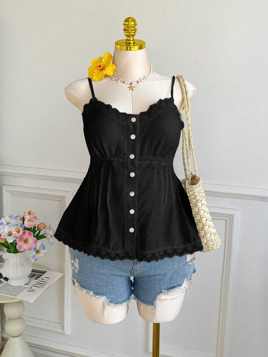 Comfortcana 蕾丝拼布纽扣设计无袖上衣，黑色，夏季 - 黑色 - 查看 1