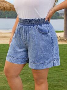 EMERY ROSE Mature Denim Pantaloni scurți largi din denim albastru, talie elastică, mărime mare, pentru vacanță de vară, cowgirl, ținute western, business casual, festival, aeroport, absolvire, Ibiza, plajă, Hawaii, concert, boho, 2025, absolvire de 4 iulie, blugi largi, pantaloni scurți cu talie înaltă, pantaloni lejeri, pantaloni scurți cu volane - Albastru - Vizualizare 3