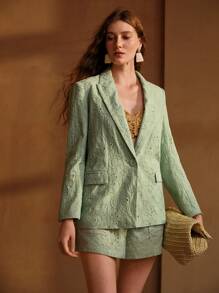 MOTF PREMIUM EYELET EMBROIDERY SINGLE BUTTON LIGHTWEIGHT BLAZER - Green - View 5