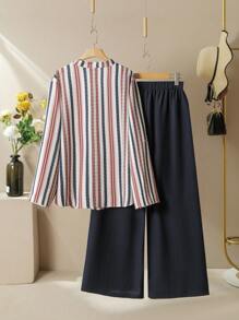 Lacomfia Women's Textured Colorful Stripe Print Long Sleeve Shirt And Wide-Leg Pants Casual Loose Comfortable Fashion Plus Size Set Shirt Sets For Women Fall Cloth For Women