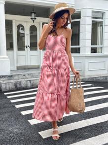 SHEIN LUNE Váy hai dây buộc nơ giản dị, Đầm xuân/hè hè dành cho nữ - Đỏ và trắng - Xem 8