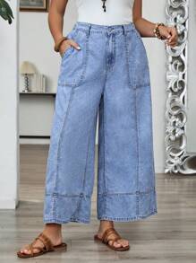 EMERY ROSE Plus Size Women Summer Loose Pockets Wide Leg Jeans Women Jeans Tall Summer Clothes Women Clothes Women Bottoms - Light Wash - View 6