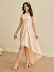 SHEIN Váy phù dâu cho thiếu nữ, váy dài viền bất đối xứng thanh lịch, phù hợp cho đám cưới, vũ hội, tiệc sinh nhật và các dịp khác - Rượu sâm banh - Xem 4