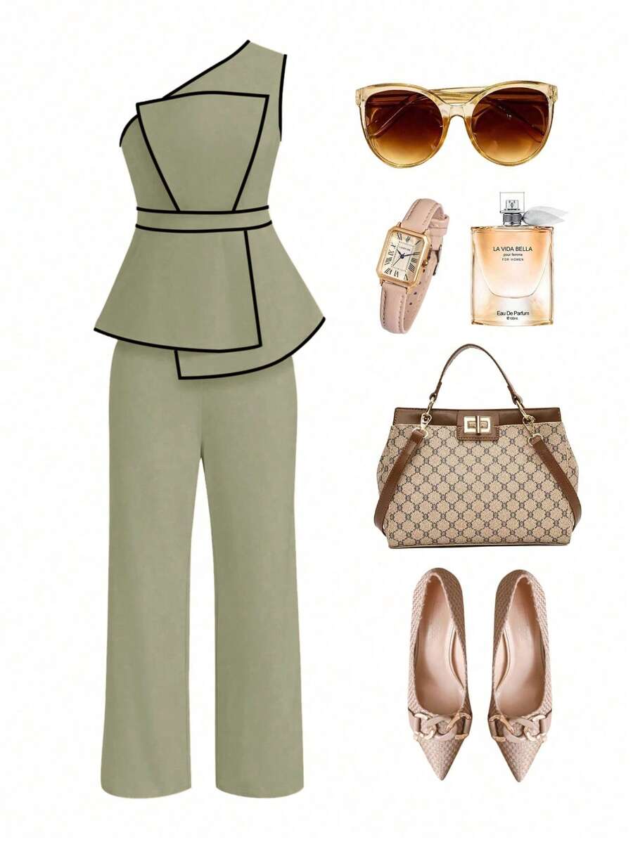 Ellevyn 2pcs/Set Plus Size Women Hem Decor Sleeveless Top And Wide Leg Pants Set - Mint Green - View 1