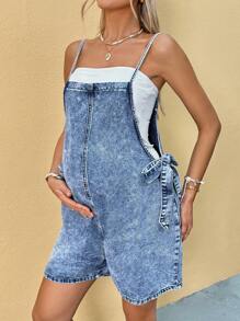 SHEIN Maternity Blue Denim Overalls With Straps And Jumpsuit,Summer Tops / Summer Outfits For Women / Summer Clothes Mother's Day,4th Of July,Beach Outfits For Woman,Blue,Beach Outfits For Maternity,Summer/Summer Outfits For Women, Suitable For Parties, Holidays, Dates, Valentine's Day, Afternoon Tea, Suitable For Summer,Spring Summer Vacation Beach Outfits Fashion Outfits,Mother Day/Mom/Mother/ Mommy/Mother's Day/Mama/Mum/Mother's Day Gift ﻿ - Blue - View 3