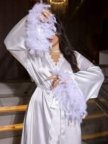 SilkySpell Plus Size Women's Luxury Faux Fur Decorated Long Sleeve Lace Patchwork Backless Satin Long Robe Gown Luxe Loungewear, For Fall, Winter