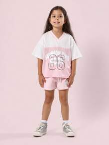 SUMWON Club Varsity Style Summer Workout T-Shirt Co-Ord Set Athletic Training Sportswear Active Wear Matching Two Piece - Baby Pink - View 1