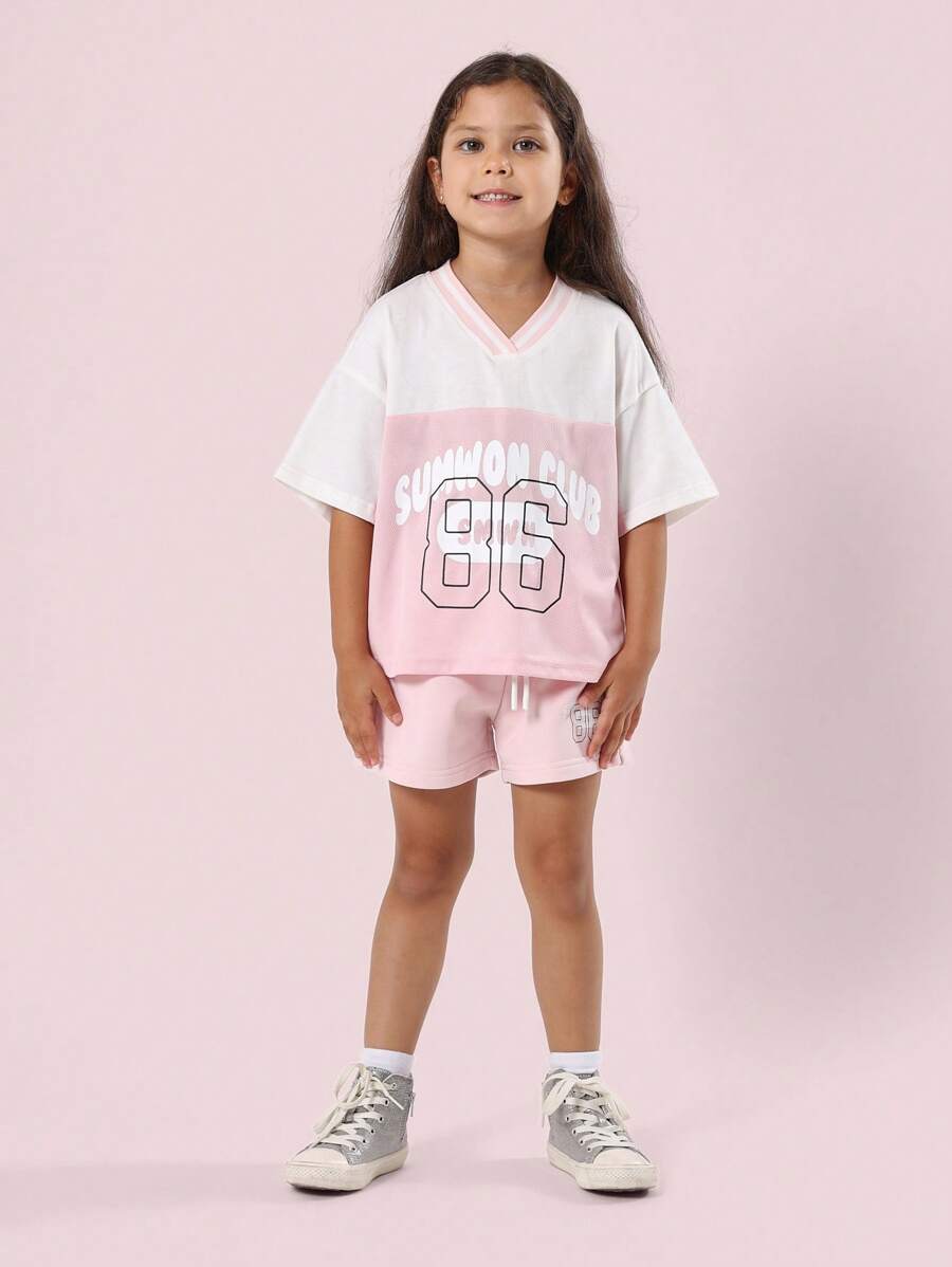 SUMWON Club Varsity Style Summer Workout T-Shirt Co-Ord Set Athletic Training Sportswear Active Wear Matching Two Piece - Baby Pink - View 1