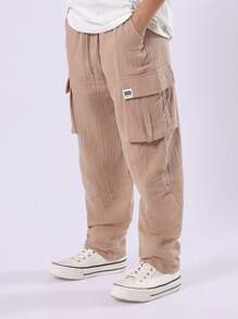 SUMWON Musselinbaumwolle Cargohose mit verstellbarer Taillenkordel, lässige Alltags-Bottoms, bequeme weite Beine, Jugend-/Teenager-Schuloutfit