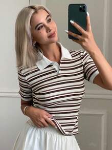 DAZY 女式撞色条纹印花短袖修身 Polo 领 T 恤，夏季，商务休闲女装 - 灰色 - 查看 3