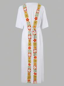 Swim Vcay 女式简约纯色短袖花卉丝带腰带抽绳和服罩衫，女士夏季沙滩装，沙滩罩衫，女式长衬衫，沙滩衬衫 - 白色 - 查看 6