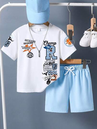 2pcs/Set Boys Letter Print Short Sleeve T-Shirt And Shorts Young Boys Matching Sets Young Boys Suit Set Young Boys 2 Pieces Young Boys Sets Young Girls Sets Summer