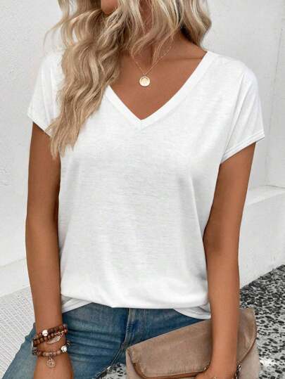 EMERY ROSE Camiseta casual de verano para mujer con manga corta y escote en V de unicolor