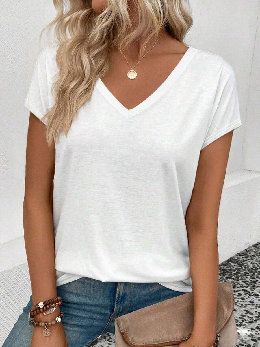 Louniche Kaos Kasual Lengan Pendek Leher V Warna Polos untuk Wanita di Musim Panas - Putih - View 1