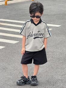 SHEIN Kinder/Jugendliche Jungen Lässig vielseitiger bequemer Polo-Shirt mit Buchstabenprint, Rippstrick, locker sitzend, kurzärmlig, ideal für Schule, Garten, Strand, Geburtstag, Frühling/Sommer, Herbst/Winter