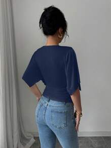 Selianne Casual Vacation Ruched Asymmetrical Sleeve Cropped Women Top - Navy Blue - View 2