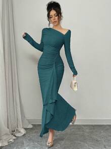 Elenzga 女士优雅时尚办公室淑女魅力长袖不对称领抽绳腰部褶皱下摆纯色纹理针织长裙 - 水鴨藍 - 查看 4