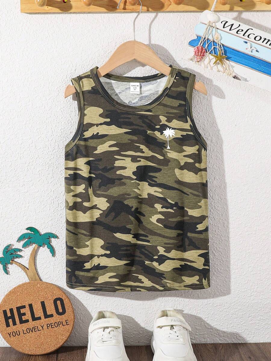 SHEIN Maiou tricotat cu imprimeu camo palmieri pentru băieți Tween