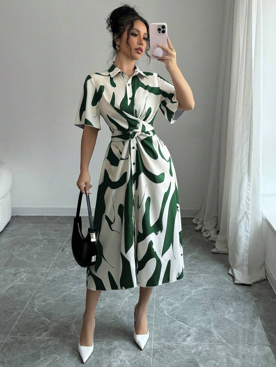 Elenzga Váy dài vừa phải in họa tiết khối màu thường ngày/đi làm cho nữ cài nút phía trước - Màu xanh lá cây đậm - Xem 1