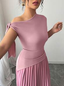 Modelyn Women's Asymmetrical Neck Tie Up Pleated Dress, Spring/Summer - Pink - View 3