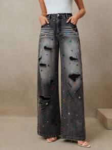 Anewsta Quần Jeans Xanh Nữ Thời Trang Cổ Điển Hiện Đại Màu Giặt Đính Đá Rhinestone, Thích Hợp Cho Lễ Hội Và Đi Chơi - màu đen - Xem 3