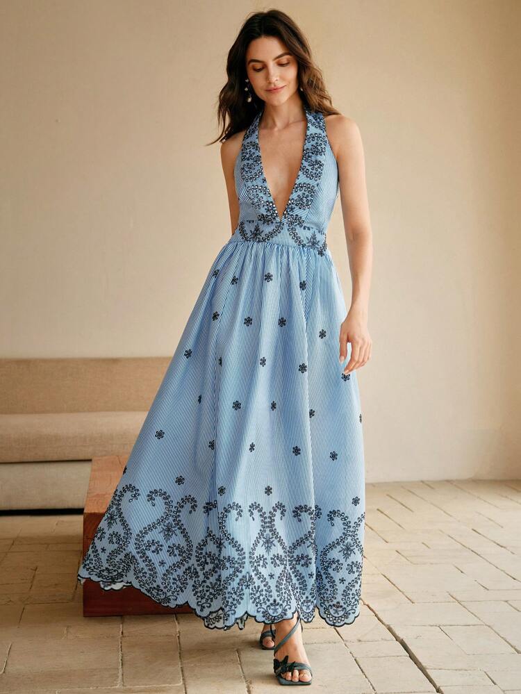 Elegant Vacation V-Neck Hollow Out Embroidery Tie Waist Swing Dress, Spring/Summer