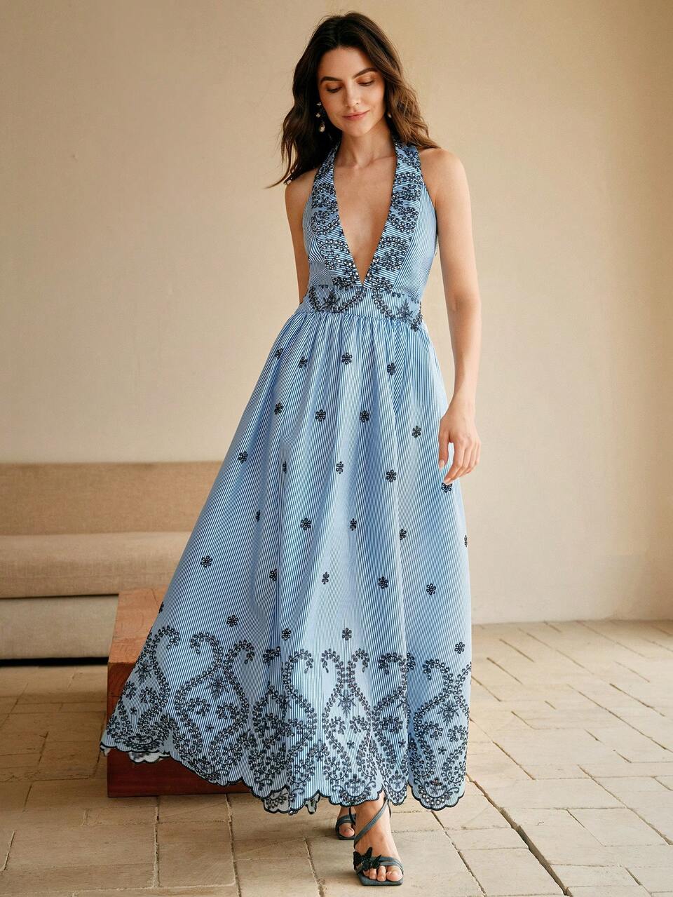Elegant Vacation V-Neck Hollow Out Embroidery Tie Waist Swing Dress, Spring/Summer