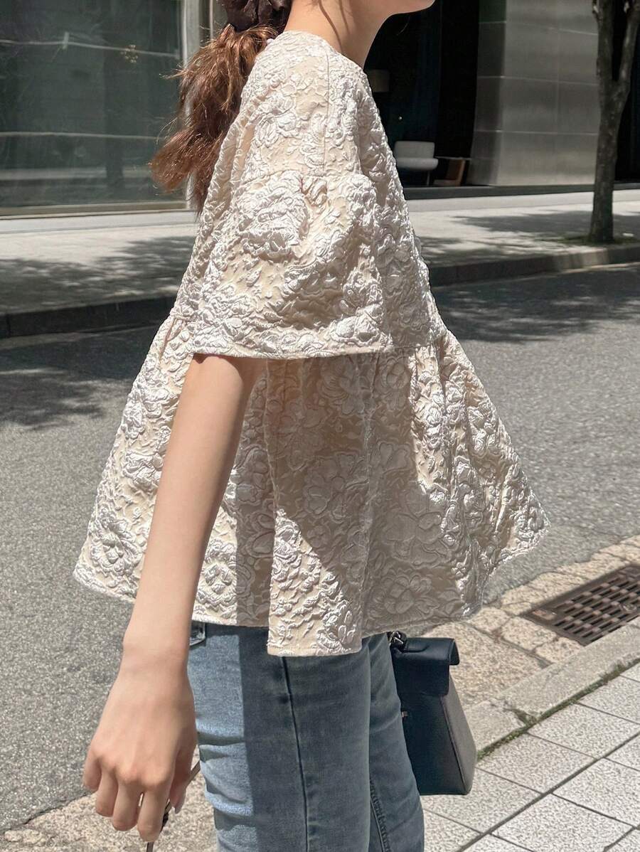 FRIFUL Women's Textured Puff Sleeve Blouse, Summer Apparel Babydoll Top - Apricot - View 1