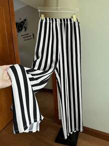 Franclia 女式拼色条纹休闲长裤 - 黑與白 - 查看 7